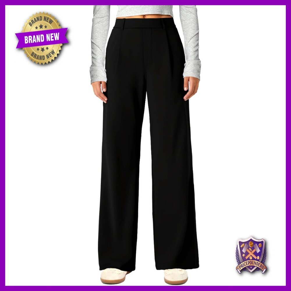 Wide Leg Pull On Pants High Waisted Stretchy Work Trousers with Pockets